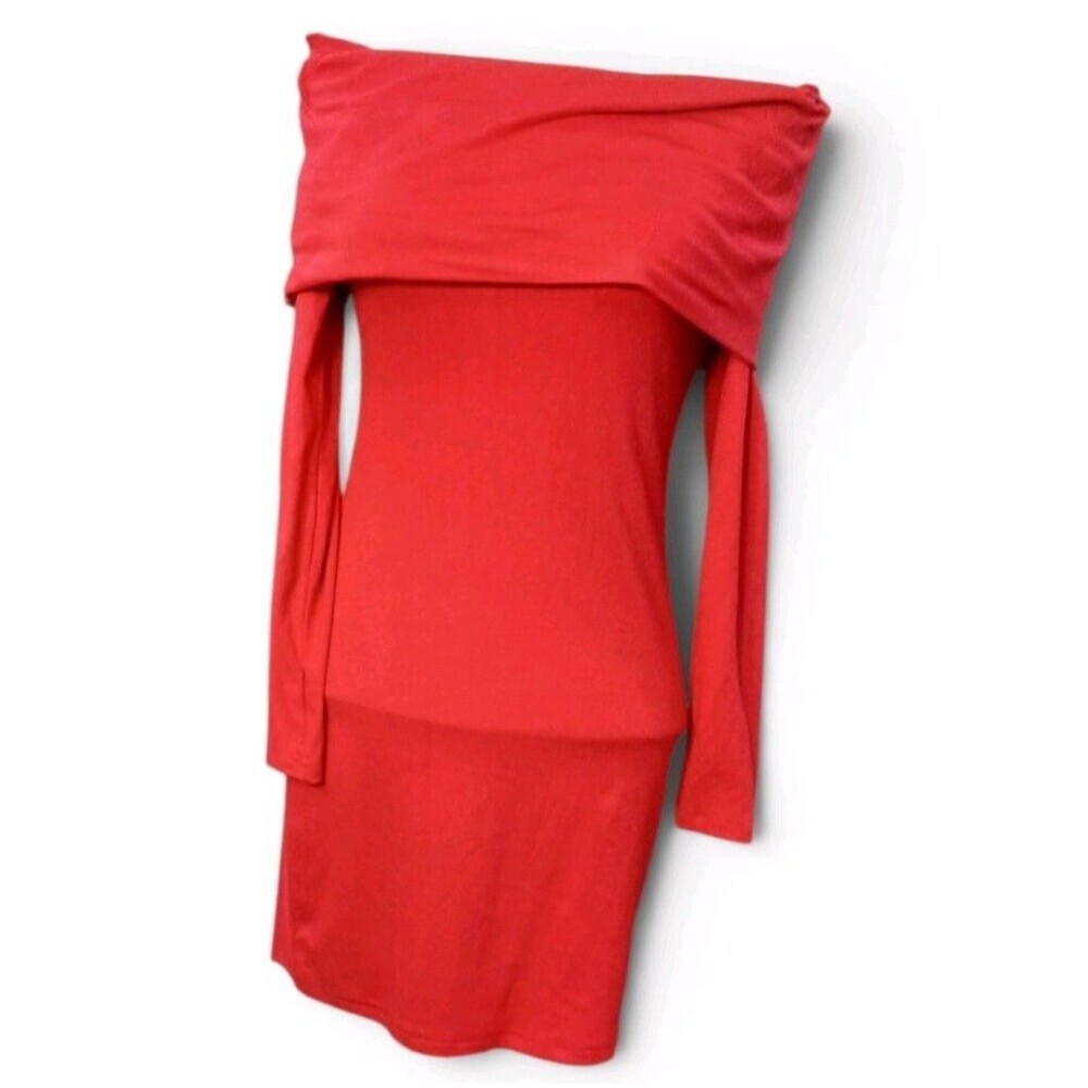 Topshop Red Off Shoulder Bodycon Dress Women's S Long Sleeve Cocktail Party
